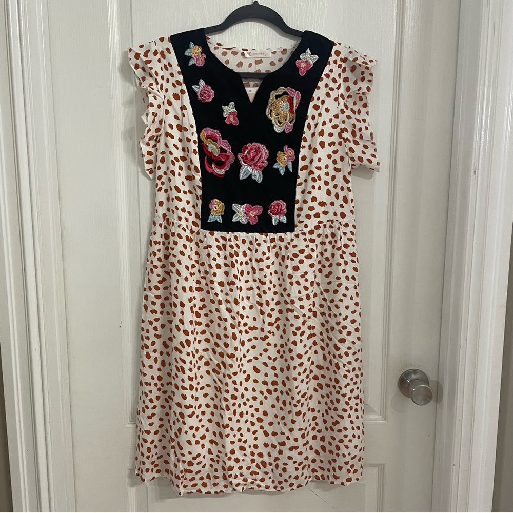 Kirundo Short Sleeve Pullover Animal Print Dress Floral Embroidery Mini Size M